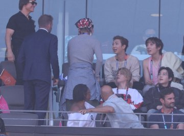 wintertaeta2's tweet photo. taehyung introducing his new friends david beckham and tom cruise to his hyungs joon and hobi. https://t.co/UijGy8yJJF