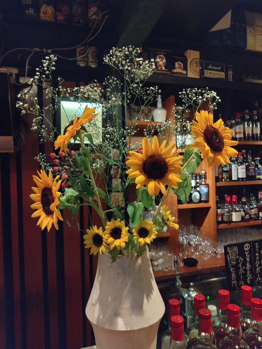 Bar_Jbridge's tweet photo. 店主が生けるカウンター植物。
梅雨明けって事で夏だ〜(笑)
『大きな向日葵＆小さな向日葵＆ヒペリカム＆かすみ草』
ひらめきでカウンターを素敵に飾りたい。
#カウンター映え #日本橋花藤 
#向日葵 #ひまわり #ヒペリカム https://t.co/KwHDORzzZu