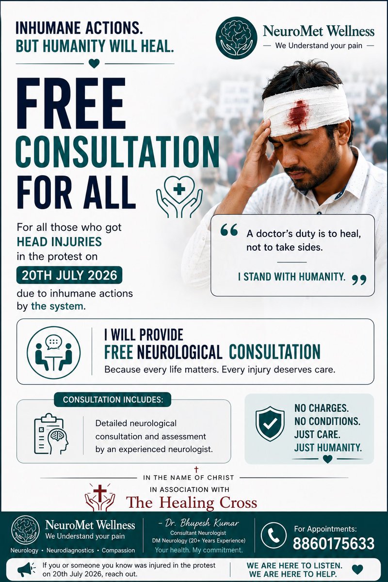 drbhupeshk's tweet photo. History remembers those who raised the baton.
@abhijeet_dipke @CJP_for_India @Cockroachisback 
It remembers even more those who reached out a healing hand.

Free Neurological Consultation for anyone who sustained a head injury during the events of 20 July 2026.

📞 8860175633

A doctor’s oath has no political party.

✝️ In the name of Christ | The Healing Cross
