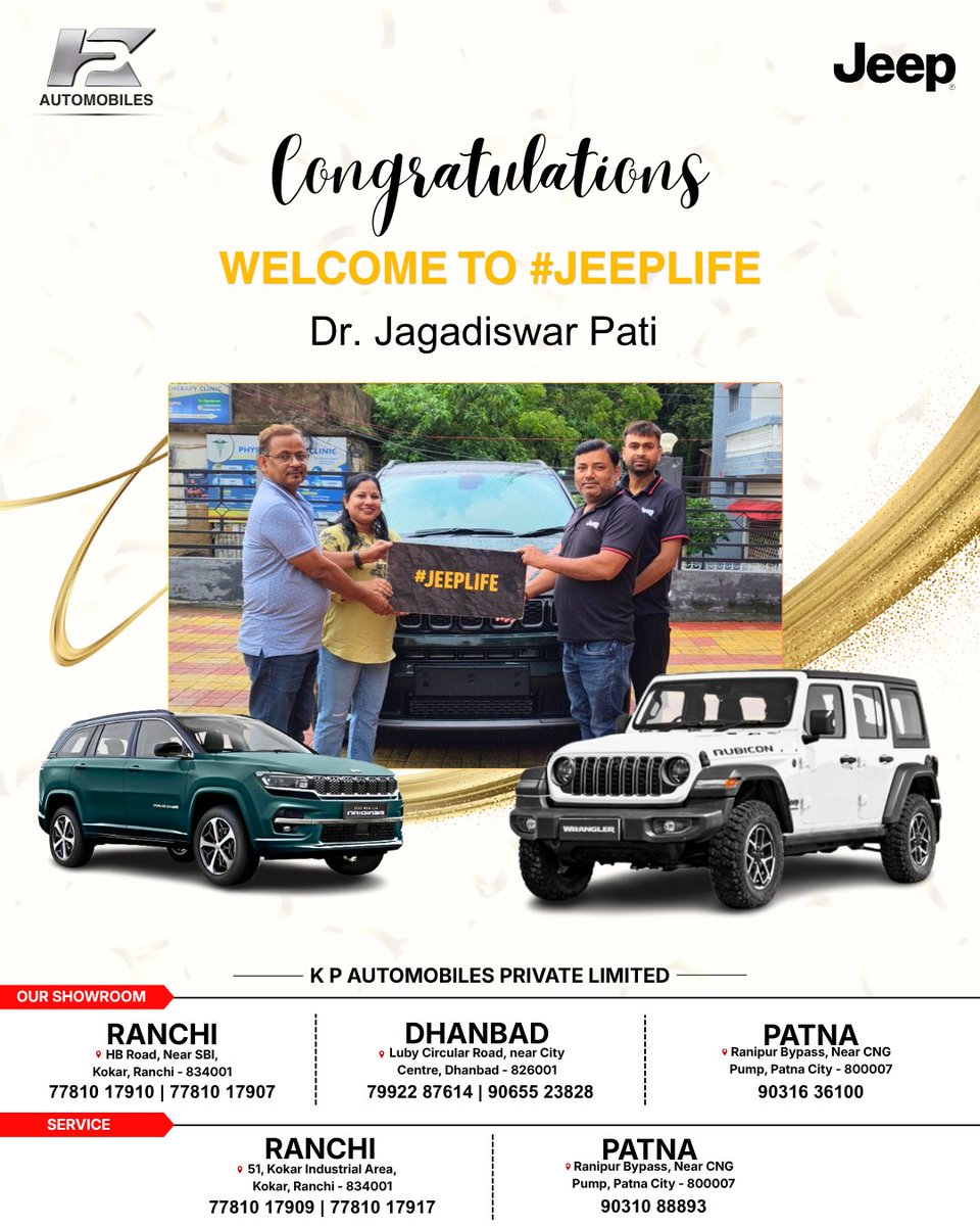 kpautojeep's tweet photo. 🎉 Congratulations Dr. Jagadiswar Pati!

Wishing you many memorable journeys and unforgettable adventures with your brand-new Jeep Compass.

📍 𝗢𝗨𝗥 𝗦𝗛𝗢𝗪𝗥𝗢𝗢𝗠𝗦
𝗥𝗔𝗡𝗖𝗛𝗜
📞 77810 17910
𝗗𝗛𝗔𝗡𝗕𝗔𝗗
📞 79922 87614
𝗣𝗔𝗧𝗡𝗔
📞 90316 36100

#JeepIndia #JeepCompass https://t.co/dXzgACCa89