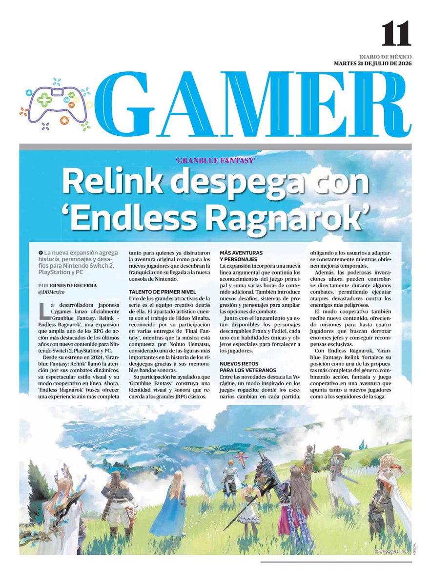 ernesttos_'s tweet photo. Que bonito es Granblue Fantasy: Relink, sin duda uno delos ARPG más bonitos y mimados que he tenido la oportunidad de jugar, donde cada capitulo nuevo nunca te deja de sorprender por lo imponente de sus jefes. Y más bonito aún, es poder llevarlo a un periódico impreso. 🫶 https://t.co/XKbVyu54r1