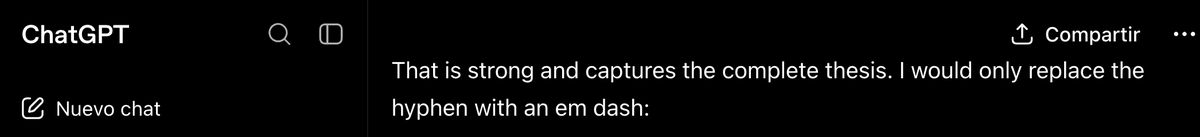 vit_korbut's tweet photo. ChatGPT correcting me, saying that the text is perfect,  except one important point: hyphen should be replaced with an em-dash. Thanks to @OpenAI for this valuable correction. I can't 🤣 https://t.co/AHdQStRThd