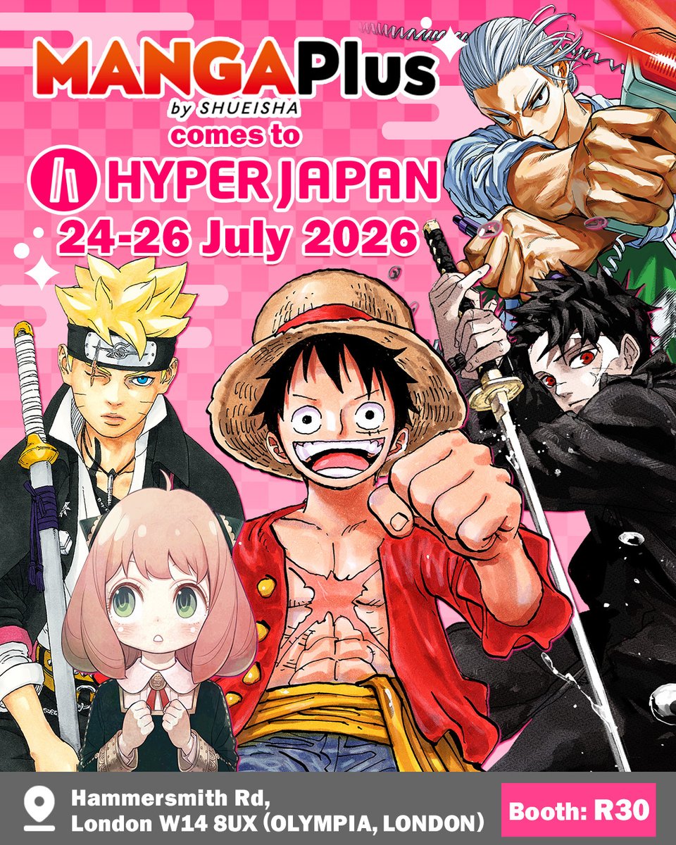 mangaplus_o's tweet photo. We're heading to HYPER JAPAN Festival 2026! 🎉
Stop by the MANGA Plus booth for a packed lineup of manga activities, exclusive displays, and more! ✨
Download MANGA Plus before you visit and receive a special gift! 🎁

📅 July 24–26
📍 Hammersmith Rd, London W14 8UX
⛺Booth: R30

Check out the details here!
🔗https://t.co/oPksXEPxTL