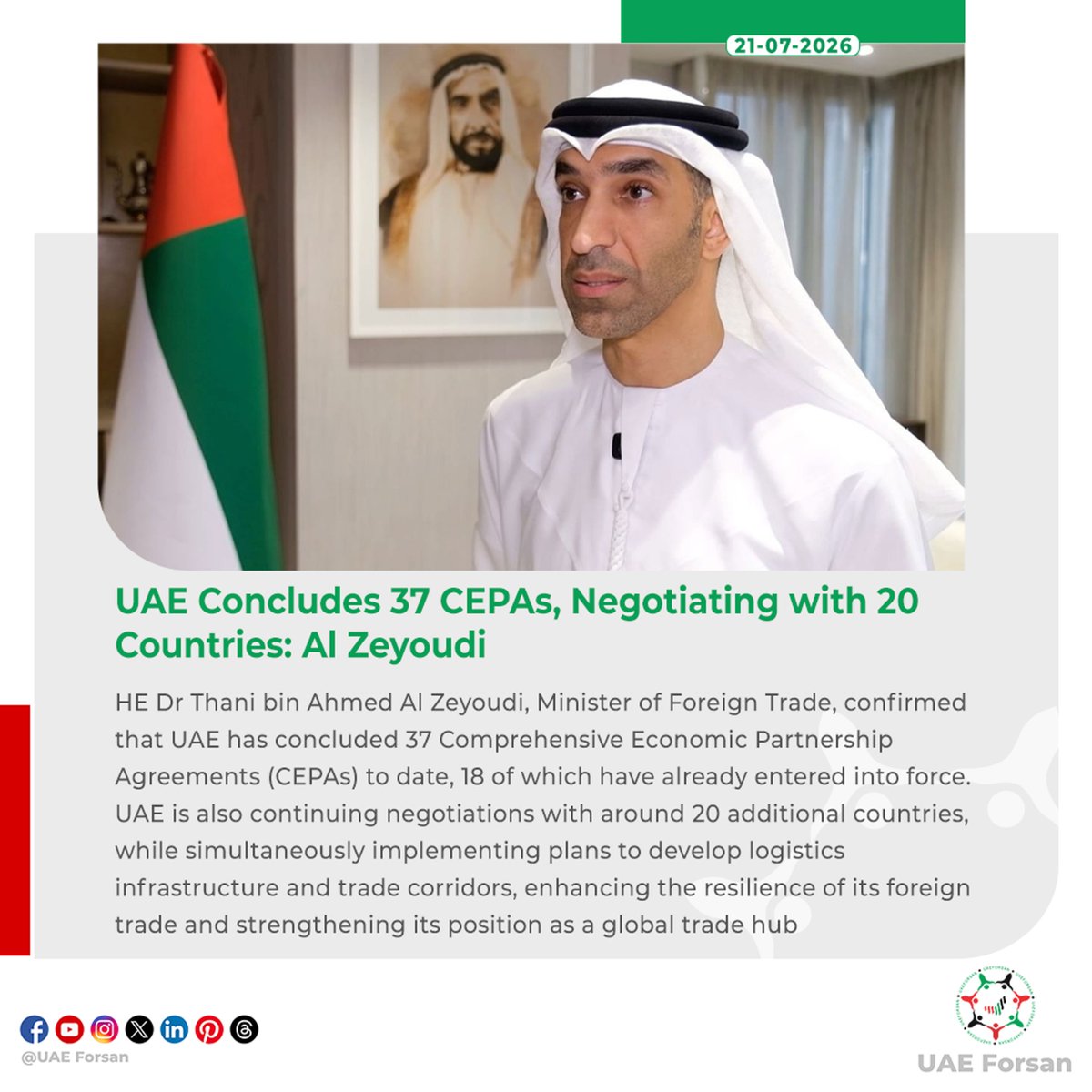 UAE_Forsan's tweet photo. #UAE Concludes 37 #CEPAs, Negotiating with 20 Countries: Al Zeyoudi
@ThaniAlZeyoudi https://t.co/OQeqcHAqmu