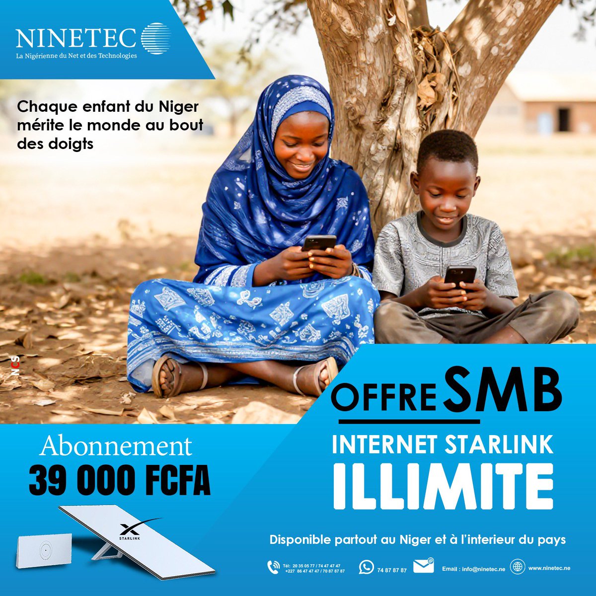 ninetec_ne's tweet photo. 🌍 Internet illimité, partout au Niger !

Avec l’offre SMB Starlink de NINETEC, bénéficiez d’une connexion Internet haut débit, stable et illimitée, où que vous soyez au Niger.

✅ Internet illimité
✅ Disponible sur toute l’étendue du territoire
✅ Idéal pour les entreprises, les écoles, les ONG et les particuliers

�� Abonnement : 39 000 FCFA

📅 Cycle d’activation : du 05 de chaque mois au 04 du mois suivant.

📞 Contactez-nous dès aujourd’hui pour souscrire ou obtenir plus d’informations.

NINETEC, la Nigérienne du Net et des Technologies.