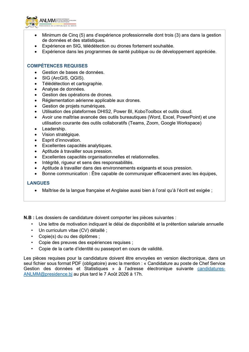 actualites229's tweet photo. 🇧🇯 📢 #AlerteJob ||Recrutement pour le compte de l'Agence Nationale de Lutte contre la Malaria et les Moustiques (ANLMM)

➡️ Chef Service Gestion des données et Statistiques

🛑 DÉPÔT DE CANDIDATURE : Les pièces requises pour la candidature doivent être envoyées en version... ⬇️ https://t.co/bLkmXGk7tY