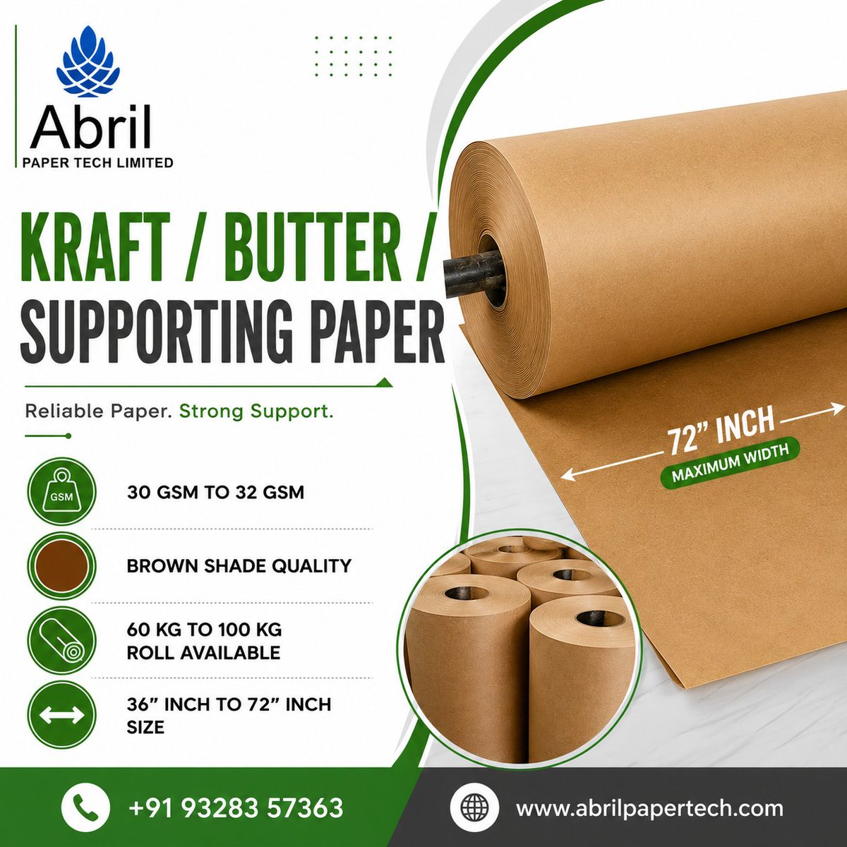 abrilpaper's tweet photo. 🟤 KRAFT / BUTTER / SUPPORTING PAPER

Looking for reliable Supporting Paper for your heat transfer process? We supply high-quality Brown Shade Kraft/Butter Paper designed to protect your Fusing Felt from ink transfer, ensuring cleaner production and longer felt life.

✅ 30 GSM – 32 GSM Quality
✅ Brown Shade Paper
✅ Roll Weight: 60 KG to 100 KG
✅ Widths Available: 36" to 64"
✅ Smooth Winding & Consistent Quality
✅ Ideal for Heat Transfer Printing Process
✅ Protects Fusing Felt from Ink Color Stains

🚚 Fast Supply Across India

📞 +91 - 9328357363
🌐 https://t.co/3MyVPodiwv
📩 sales@abrilpapertech.com

Abril Paper Tech Limited
Your Trusted Partner for Premium Heat Transfer Paper Solutions.

#SupportingPaper 
#KraftPaper 
#ButterPaper 
#HeatTransferPaper 
#rotaryheatpress