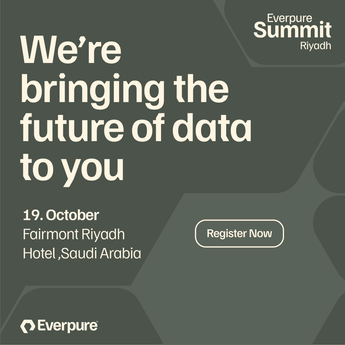 PureStorageMEA's tweet photo. Save the date. The Everpure Summit 2026 lands in Riyadh on 19 October at the Fairmont. 

Registration is open now: https://t.co/VTnPiuUjpS

 #EverpureSummit2026 #EverpureRiyadh https://t.co/u1ARu2JPvS