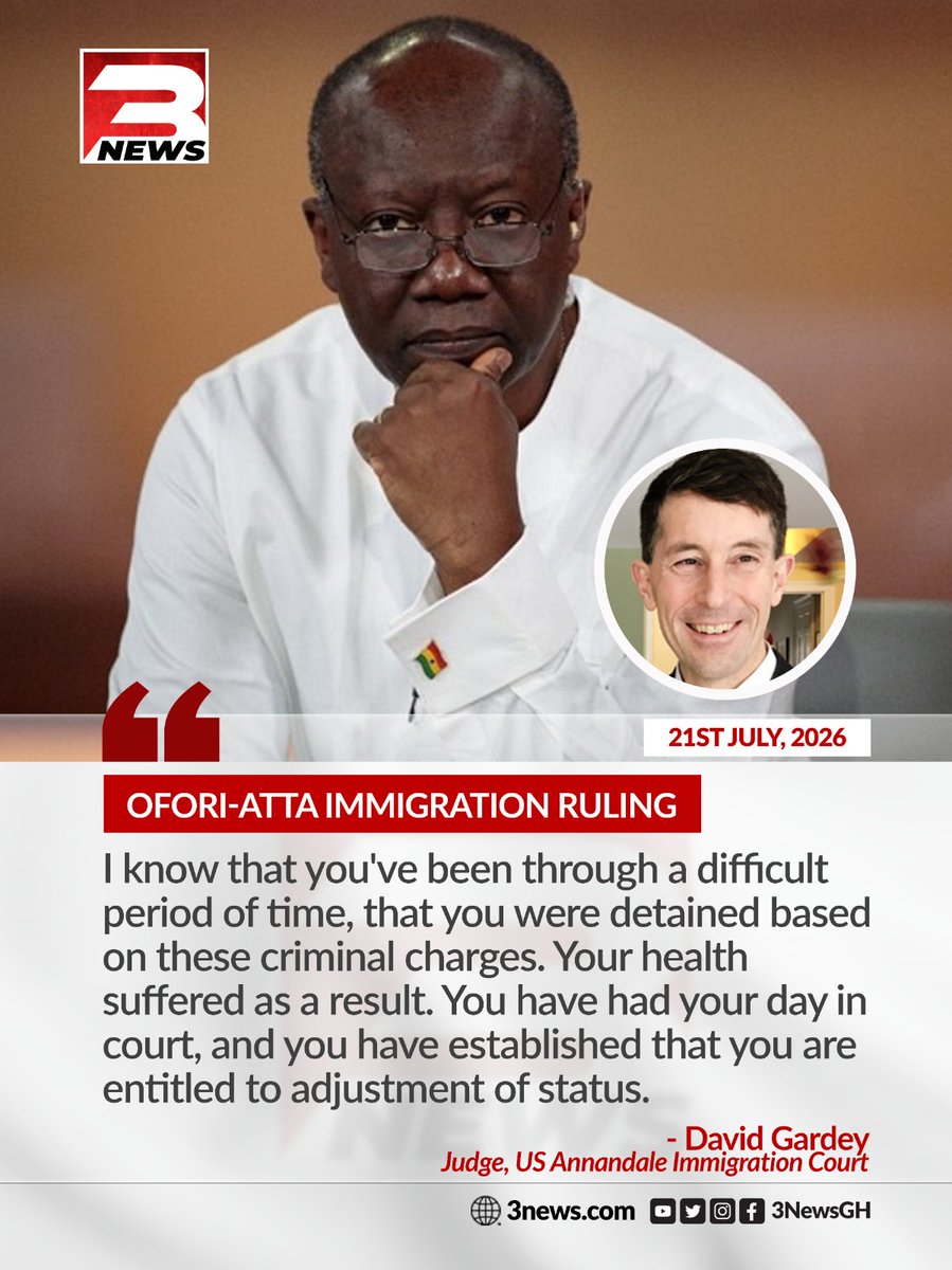 tv3_ghana's tweet photo. "I know that you've been through a difficult period of time, that you were detained based on these criminal charges. Your health suffered as a result. You have had your day in court, and you have established that you are entitled to adjustment of status." 

- Judge David Gardey, US Annandale Immigration Court, granting Ken Ofori-Atta permanent residency

#3NewsGH #TV3GH