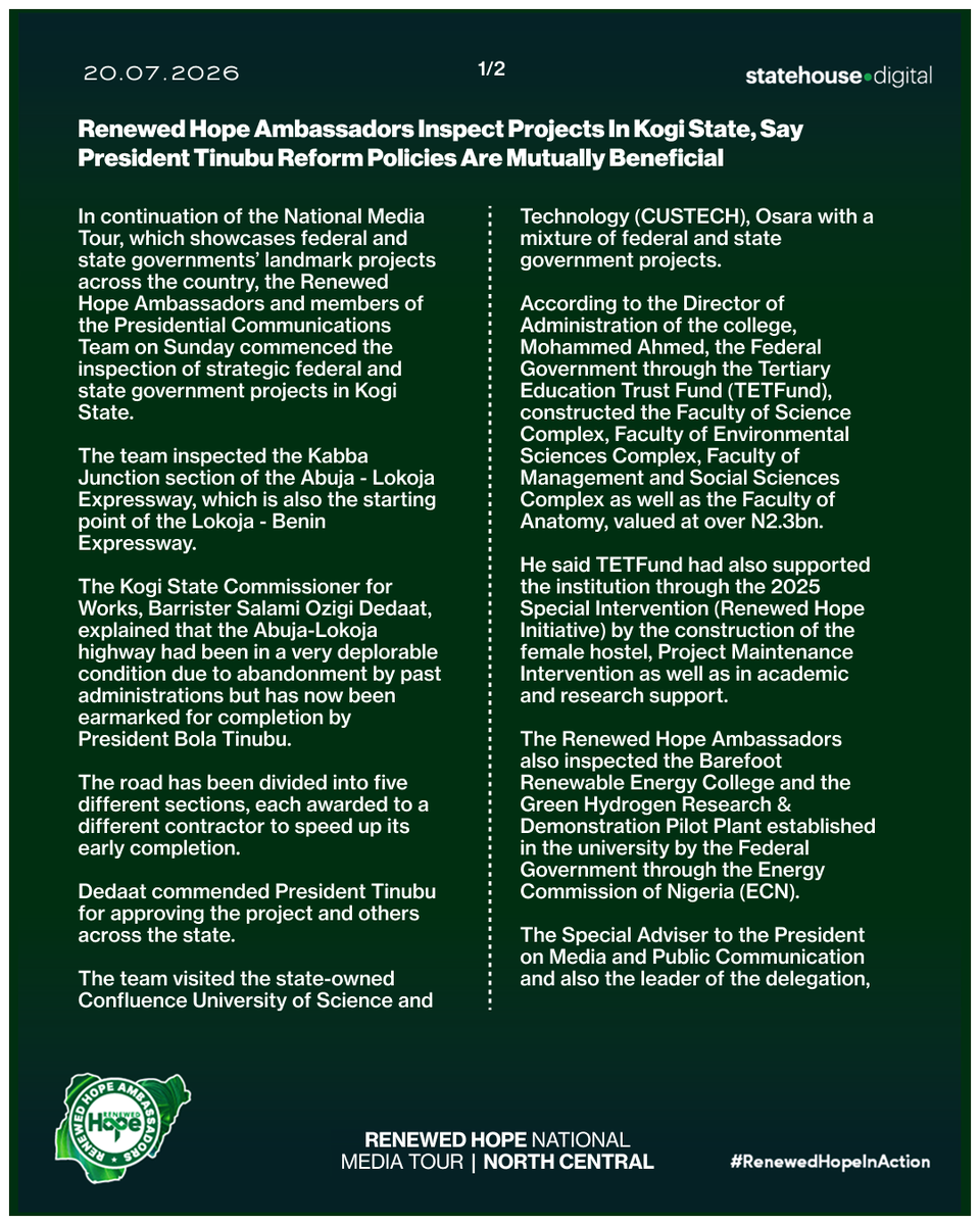 NGRPresident's tweet photo. Renewed Hope Ambassadors Inspect Projects In Kogi State, Say President Tinubu Reform Policies Are Mutually Beneficial.
📍Renewed Hope National Media Tour | North Central | Kogi State
#RenewedHopeAgenda #PresidentTinubu #StateHouseDigital #RenewedHopeInAction https://t.co/apWbW7cJjj