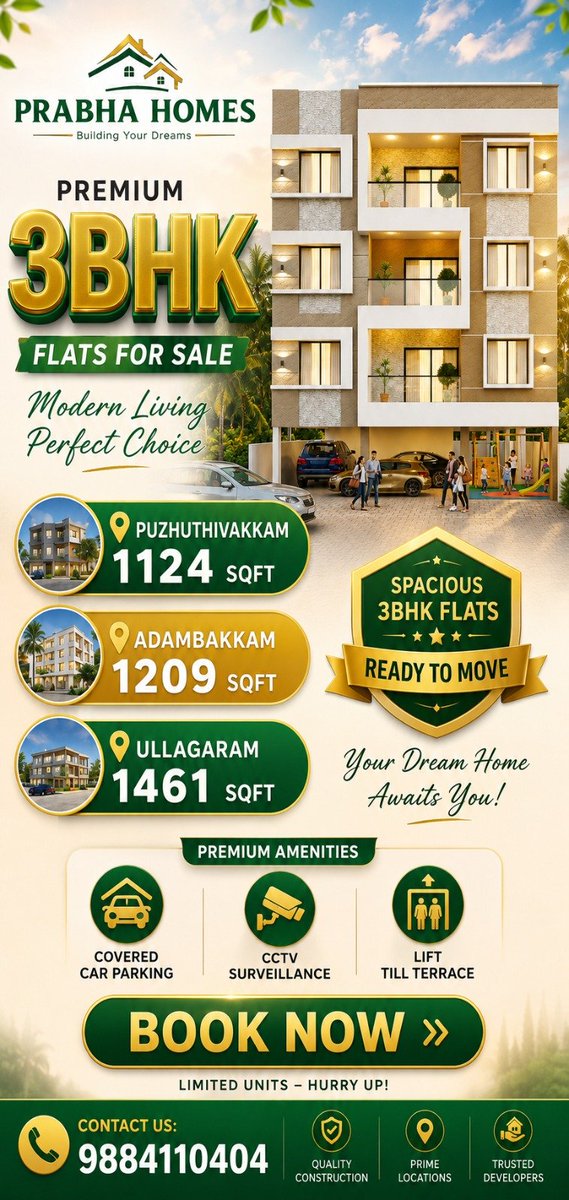 PRABHAHOMES's tweet photo. 🏡 Premium 3BHK Flats Available!

📍 Puzhuthivakkam – 1124 Sqft
📍 Adambakkam – 1209 Sqft
📍 Ullagaram – 1461 Sqft

✔ Covered Parking
✔ CCTV
✔ Lift Till Terrace

📞 9884110404

#ChennaiHomes #PrabhaHomes #3BHKFlats https://t.co/WuBm7HLHPP