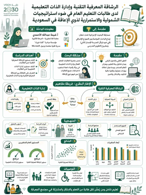 omaymao2's tweet photo. تم تكريم البحث" الرشاقة المعرفية التقنية وإدارة الذات التعليمية لدى طالبات التعليم العام في ضوء استراتيجيات الشمولية والاستمرارية لذوي الإعاقة في السعودية "  المقدم الى #الجمعية_السعودية_العلمية_للمعلم #جسم في مسابقة إبداع الباحث من خلال فعاليات #المؤتمر_الدولي_الثالث بعنوان: #المعلم_والتعليم_في_عصر_الذكاء_الاصطناعيالمُنعقد بـ #جامعة_الملك_خالد خلال الفترة 27- 28 /10/ 1447هـ 
 الملخص  إنفوجرافيك أكاديمي للبحث 
@SSATKKU  @saudedu   
#يوميات_معلمة_سعودية 21/7/2026