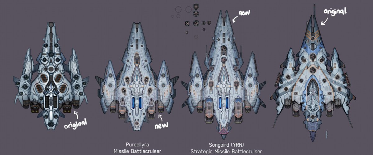 C_Yukimaru's tweet photo. The Songbird replaces the long named unique missile battlecruiser.

This ship presents the original Purcellyra's true glory and firepower when it first came out back in 2022.

It is also rumored to have the legendary nuclear MIRV weaponry in her disposal.

Be very afraid. https://t.co/iCr4QHFPD8
