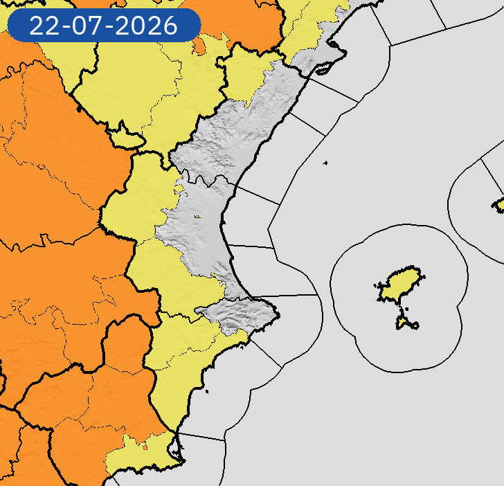AEMET_CValencia's tweet photo. 21/07 11:12 AVISOS HOY Y MAÑANA | Comunitat Valenciana: temperaturas máximas y tormentas. Nivel máximo de aviso: naranja.
Actualizaciones en https://t.co/R3Fs2JzKgr https://t.co/5AlG95Udns
