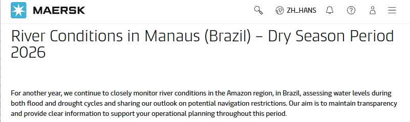 _LeagueShipping's tweet photo. Maersk warning: Amazon River low-water restrictions likely Oct –Jan 2027 at Manaus.

Oct:draft limits, reduced load capacity
Nov:possible partial closure
Dec:gradual reopening, restrictions remain

Surcharges not ruled out. Q4 Manaus FTZ cargo, book early, budget for extra cost. https://t.co/oVvIxyVYrN