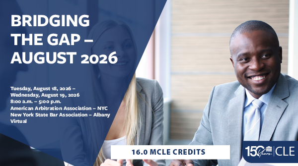 NYSBA's tweet photo. The New York State Bar Association is pleased to offer newly admitted attorneys a two-day Bridging the Gap CLE program. Transitional courses are designed to help newly admitted attorneys develop a foundation in the practical skills, techniques and procedures that are essential to the practice of law. Register here: https://t.co/XigIOmVyer

#NYSBA150