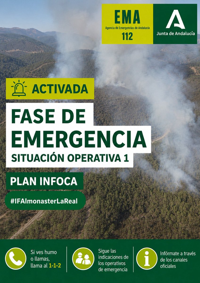 antoniosanz's tweet photo. 🔴 Elevamos a fase de emergencia, situación operativa 1, el @Plan_INFOCA en la provincia de #Huelva por la evolución del #IFAlmonasterlaReal.

🔥Ordenado el desalojo Las Veredas. 

🏠 Cierra puertas y ventanas.
👨🏻‍🚒 Protege especialmente del humo a niños, mayores y personas enfermas.
🚫 Evita la zona.
👮‍♂️ Sigue siempre las indicaciones de los servicios de emergencia.
⚠️ No asumas riesgos.

 #AndalucíaPreviene