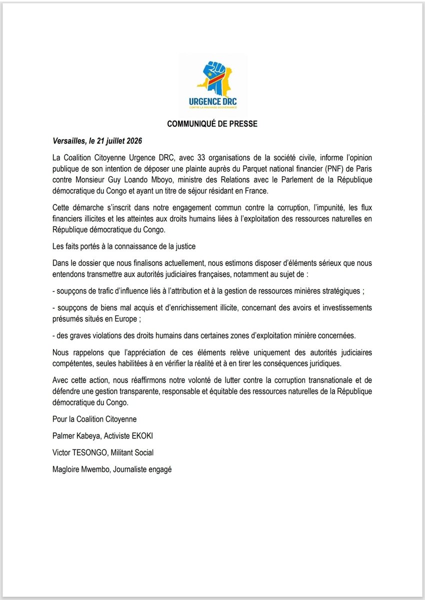 TesongoVictor's tweet photo. #UrgenceRDC &amp; 33 Ong vont déposer une plainte au Parquet National Financier à Paris🇨🇵 contre le Ministre @Guy_Loando résidant en France.

Cette action judiciaire vise le ministre pour des soupçons graves de blanchiment d'argent, d'enrichissement illicite et pillage ressources pub https://t.co/r9922iT9FD