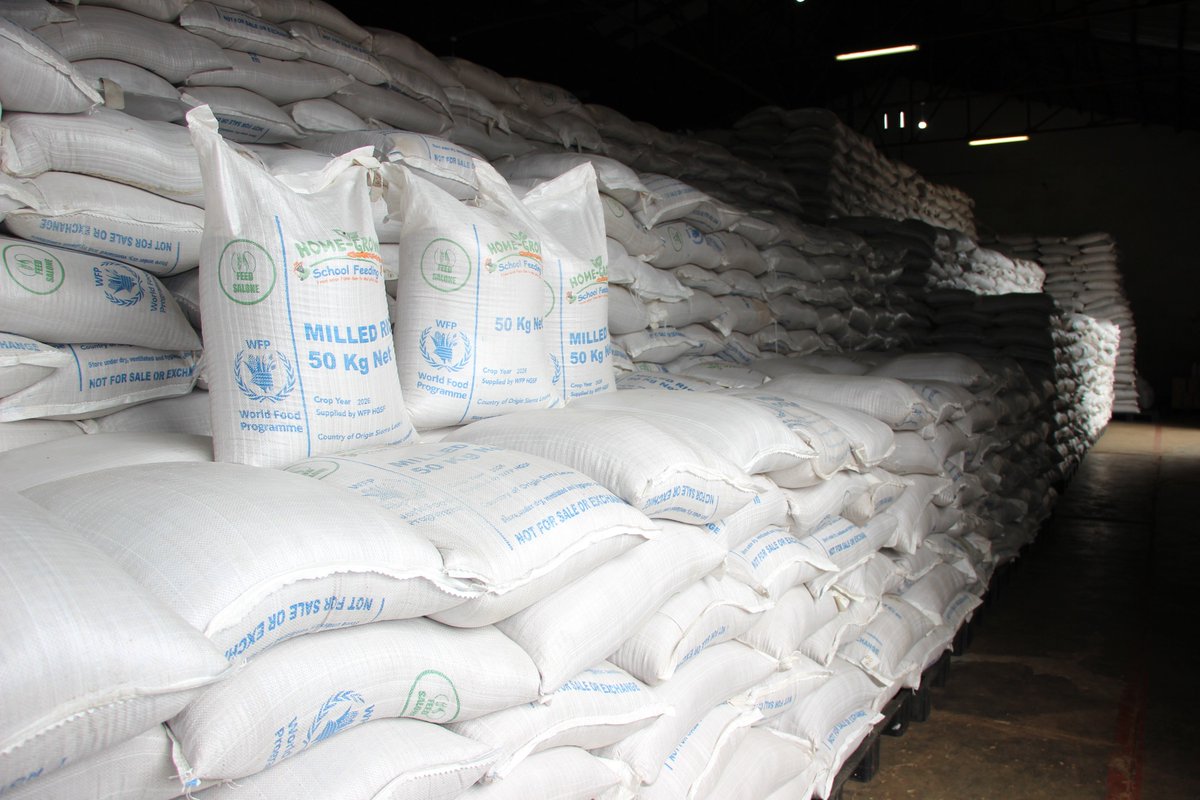 WFPS_Leone's tweet photo. In 2026 so far, @WFPS_Leone  has purchased &amp; collected over 1,000,000 KGS of locally produced rice and pulses equivalent to 21,158 (50KG) bags from smallholder farmers injecting over USD 900,000 into the local economy. The food will used for school feeding programme. #FeedSalone https://t.co/Txm6aLPzWJ