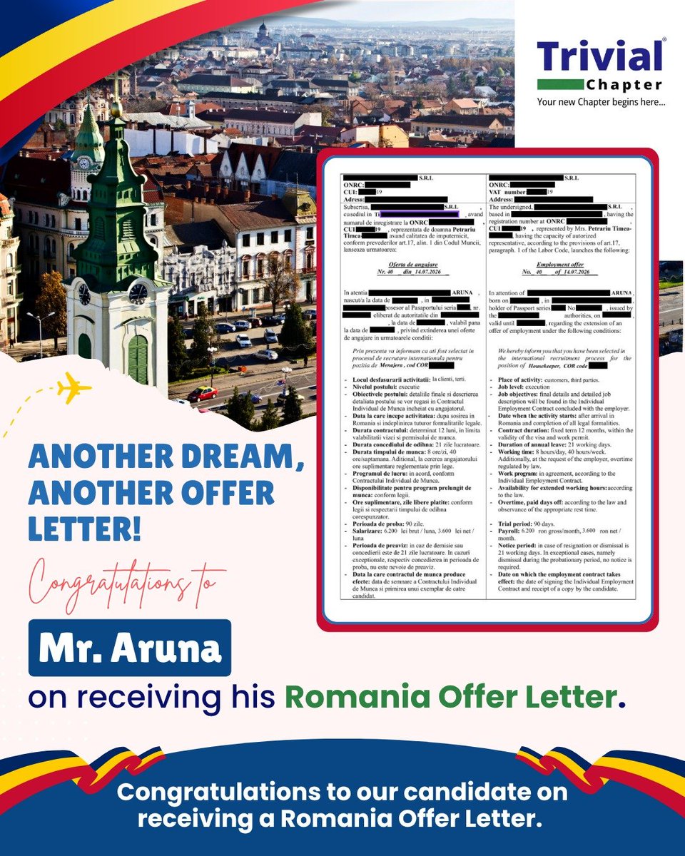TrivialChapter's tweet photo. ๐ Another Milestone, Another Success Story! ๐ท๐ดโจ
Dreams are turning into reality, one offer letter at a time! ๐
A huge congratulations to Mrs. Priyanka, Mr. Aruna, and Mr. Shiva on receiving their Romania Offer Letters.
#RomaniaJobs #WorkAbroad #EuropeJobs #OfferLetter https://t.co/2caGPLMQZo