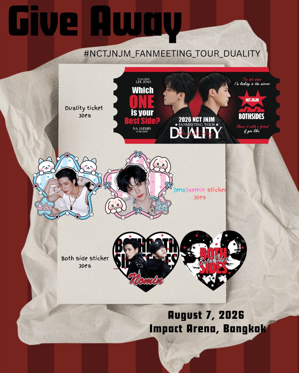 ploykm137's tweet photo. 🎀 pls rt 🎀
𐙚 giveaway for jnjm fanmeeting in bkk𑁤
𑣲 ticket &amp; sticker ᰔ

✨:  7 Aug 2026
✨:  Impact arena

#NCTJNJM_FANMEETING_TOUR_DUALITY
#NCTJNJM_FANMEETING_TOUR https://t.co/EsDXVItCdJ