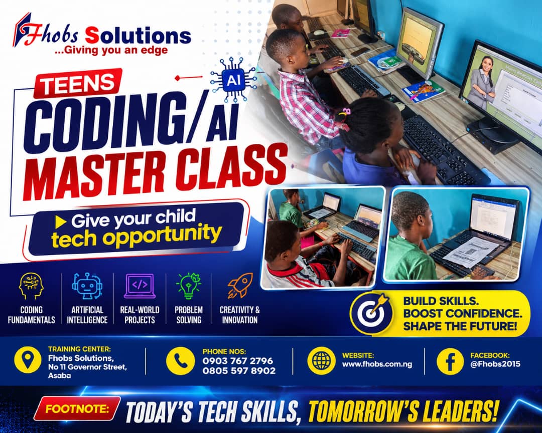FhobsS's tweet photo. Enroll your child for Coding and AI Master Class Now!!!
Call/Whatsapp: 0903 767 2796, 0805 597 8902
Limited Slots Available
#KidsActivities #asaba #fhobssolutions #fhobs https://t.co/SU52f3CaFd