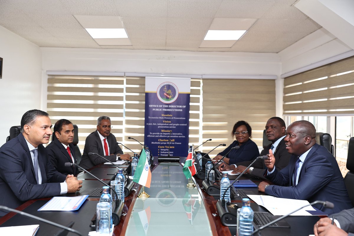 ODPP_KE's tweet photo. DPP Reaffirms His Commitment To Combating Transnational Crime

The Director of Public Prosecutions Renson Ingonga, CBS, OGW, has reaffirmed his commitment to strengthening mutual legal assistance and interagency collaboration in the fight against transnational organized crime.

The DPP spoke today when he hosted the High Commissioner of India to Kenya, H.E. Dr. Adarsh Swaika, who paid him a courtesy call at his office.

The meeting focused on enhancing cooperation between Kenya and India by exchanging views on matters of mutual interest and exploring opportunities to deepen the long-standing bilateral relationship between the two countries.
#HakiNaUsawa