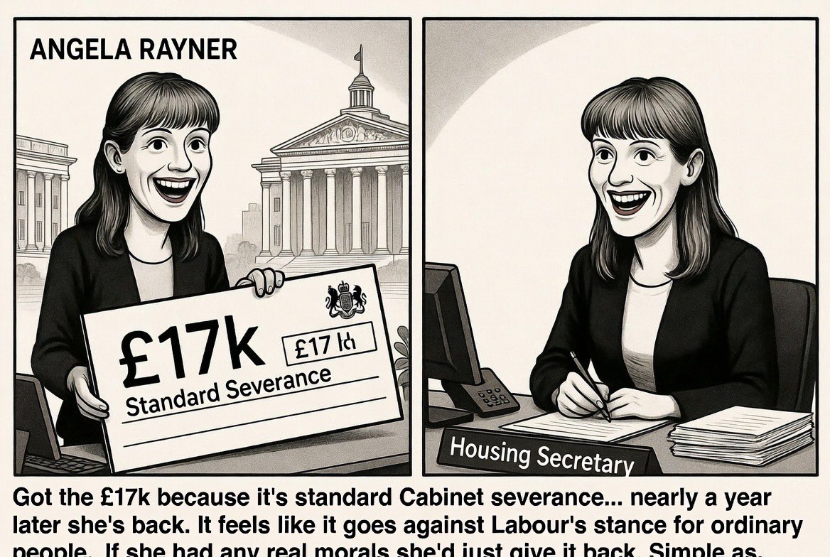 WasAcop's tweet photo. 🚨Angela Rayner got £17k as standard Cabinet severance when she resigned — automatic three months’ pay. 

While she was backbench she then received £150k in donations from Refrigeration House Limited for her office and staffing. 

Detailed accounting not required.. 

Nearly a year later she’s back as Housing Secretary.

It feels like this goes against Labour’s stance for ordinary people. 

There should be a clear clause: if you return to Cabinet within a year, you repay the money. 

If she had any real morals she’d just hand it back now.