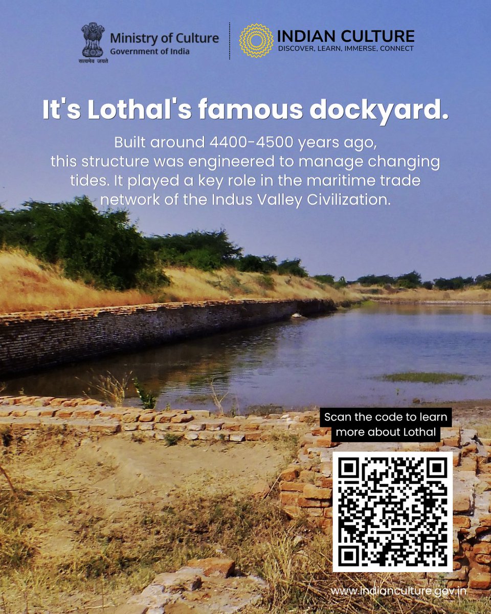_IndianCulture's tweet photo. Long before modern ports transformed global #trade, an ancient city on India's western coast had already mastered the art of maritime #commerce.

A remarkable testament to the ingenuity of the #IndusValley Civilization, #Lothal continues to reveal the story of ancient India's thriving maritime #heritage.

Want to learn more about archaeological sites of #India?

Scan the QR code or visit https://t.co/z3KeKDb8ie to discover more on the Indian Culture Portal.

Follow @_IndianCulture  for more!

#IndianCulturePortal #MinistryOfCulture #ArchaeologicalSites #IVC #IndusValleyCivilization #HarappanCivilization #IndianHistory #IndianHeritage #Archaeology #History #AncientCivilizations #MaritimeHistory #lothaldockyard #dockyard #Gujarat #CulturalHeritage #ExploreIndia #IncredibleIndia #IndianCulture #ASI

@MinOfCultureGoI  @AmritMahotsav  @incredibleindia  @PIBCulture