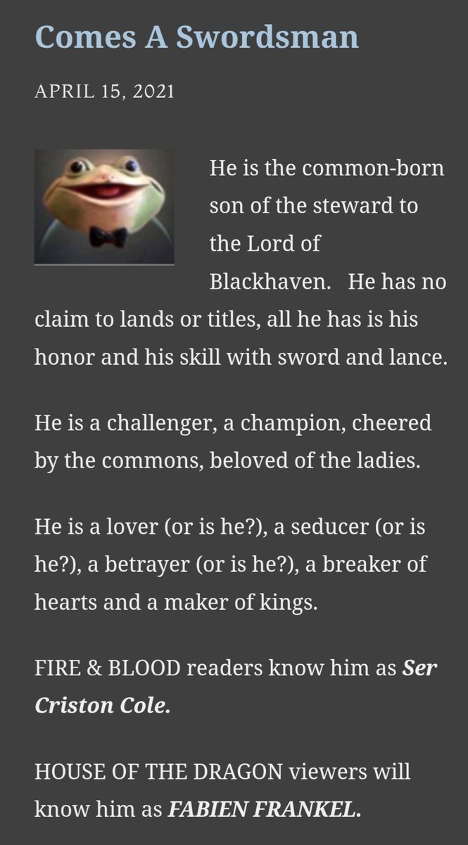 myladyvhagar's tweet photo. GRRM himself about Criston Cole btw https://t.co/n5p7NsVsNi