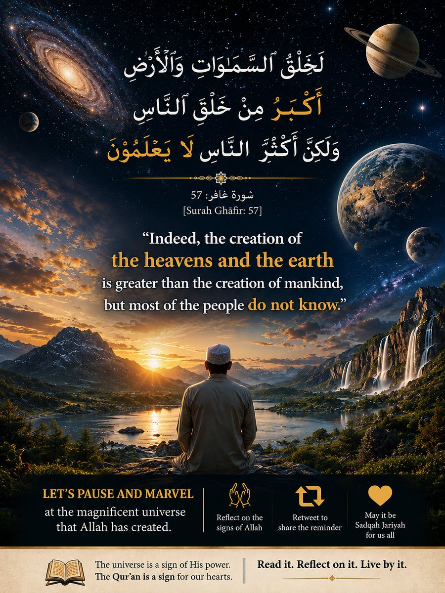 IBNSHEHUALIMI's tweet photo. As a Muslim If this reminder benefits you, please #RETWEETS so more Muslims can reflect on the signs of Allah. May Allah put barakah in your efforts and allow the reminder to reach those who benefit from it ๐คฒ๐.
May Allah make it a source of ongoing reward (แนฃadaqah jฤriyah) for everyone who shares it.
Take a moment to reflect on the magnificent universe Allah has created. Every star, every planet, every mountain and every ocean is a sign of His greatness.
"Indeed, the creation of the heavens and the earth is greater than the creation of mankind, but most of the people do not know." (Quran 40:57)
Let's pause and marvel at the magnificent universe Allah has created ๐
Allah Akbar
Allah Akbar
Allah Akbar
#Creation #Universe #Reflection