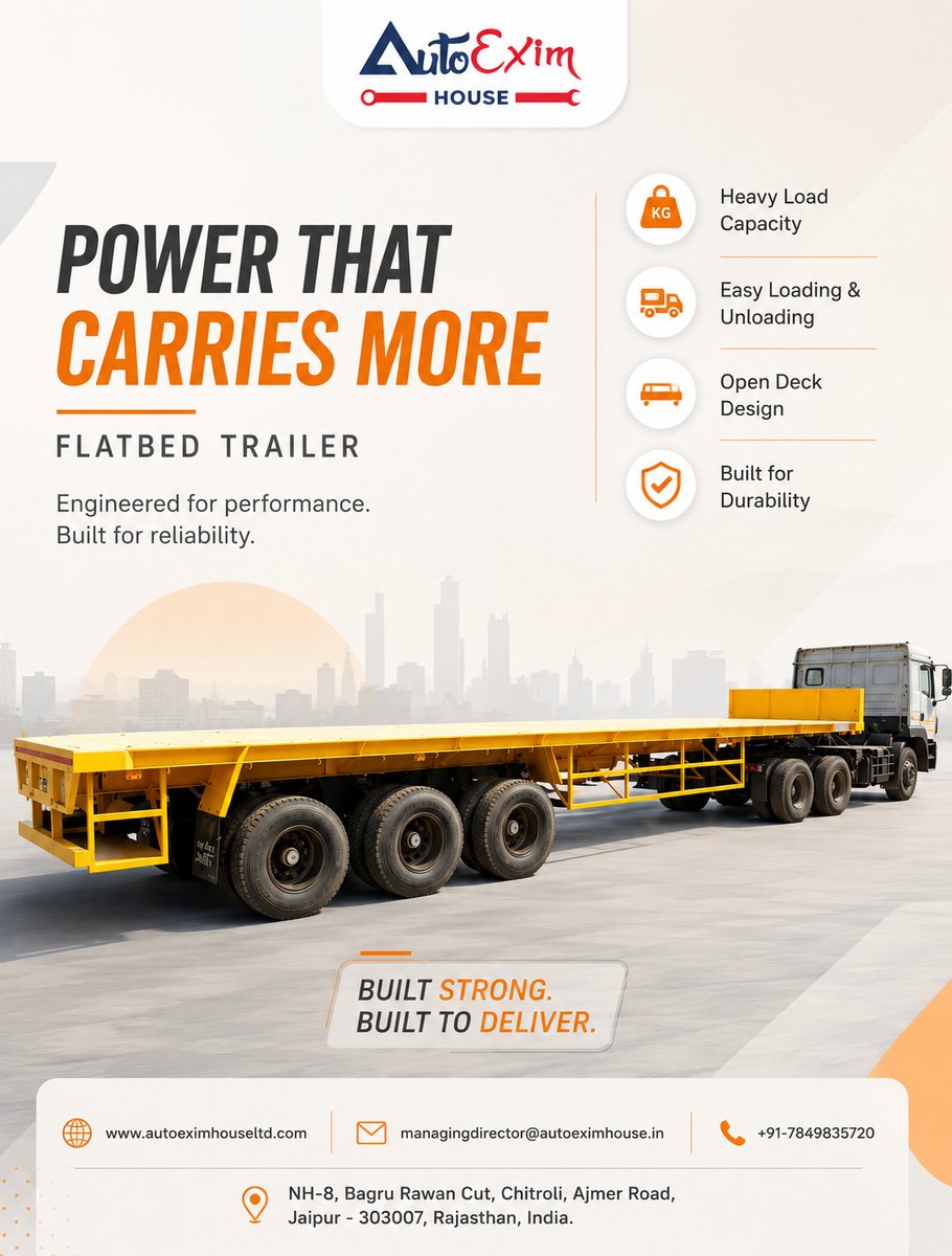 autoexim78498's tweet photo. Power through every haul with Auto Exim House Flatbed Trailers. 

#FlatbedTrailer #HeavyDutyTrailer #CommercialVehicles #TrailerManufacturer #IndustrialTransport #LogisticsSolutions #HeavyLoad #CargoTransport #BuiltToLast #MadeInIndia #EngineeringExcellence #TransportEquipment https://t.co/zWpJToReHD