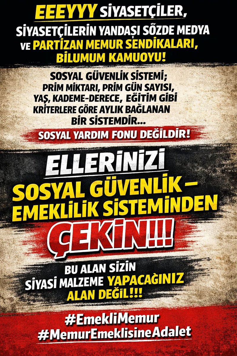 Memur_Emekli33's tweet photo. En düşük emekli, kök ücret gibi temelsiz dayanaksız kavramlarla sosyal güvenlik sistemine zarar verecek uygulamalara yol açılamaz
Sosyal güvenlik sistemi sosyal yardım fonu veya sadaka kutusu, ulufe dağıtılan akçe kesesi değil
Sosyal güvenlik sistemi yazılı objektif kriterlere göre aylık bağlanan sistemdir 
Yüksek pirim ve pirim günü olanı her defasında cezalandırıp düşük pirim ve pirim günü olanı destekleyerek sefalette eşitlemek  adaletsizliktir çalışanın ve emeklinin mülkiyet hakkına girmektir
Sosyal güvenlik sistemi siyasi malzeme edilecek, popülizm yapılacak alan değildir
@55erhanusta @cevdetyilmaz @AACanli @abakingurlek @abdulkdir_selvi @acarfaruka @acetmehmettw @adalet_bakanlik @ahaber @ahmetkaragoz01 @ahmetunluysafak @akbasogluemin @Akparti @AKPartiTBMMGrup @aliyalcin @ALKIRATLI @anadoluajansi @ankahabera @ArdaSebnem25 @ArikanOfis @asliaydintasbas @asliibaykal @atikfatih1 @ATuncayOzkan @atvcomtr @av_gundogan @avabdullahguler @avertugrulkaya @AvOzlemZengin @avsengulk @aydinsule1 @ayferkocak @aykiri @AYMBASKANLIGI @ayyuceturkestas @BA_Yildirim @bakiersoymhp @banuguven @baristerkoglu @barisyarkadas @bayrak_haber @bbcturkce @BelovacSerap @bengushap @Berhansimsek @BirGun_Gazetesi @burhanduran @cafermahiroglu @can_atakli_ @cbsbb
#EmekliMemur
#MemurEmeklisineAdalet