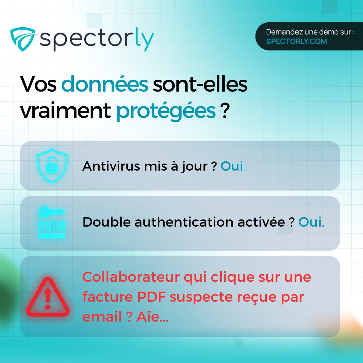 Cyber_Spector's tweet photo. Antivirus à jour ? Oui. 🔐 2FA activée ? Oui. 🔐 Mais vos équipes cliquent-elles encore sur des PDF douteux ? 📩💥
La technologie ne suffit plus. Le vrai réflexe ? Transformer chaque collaborateur en un capteur actif.
🛡️ Renforcez votre Human Firewall sur https://t.co/ahw5bSt789 https://t.co/psf6A0ZIVK