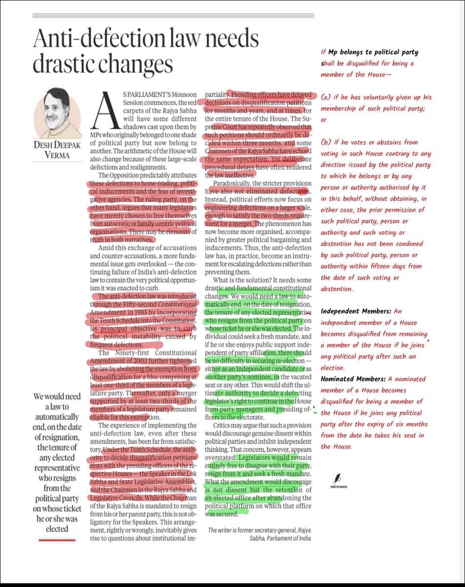 factsforupsc's tweet photo. Informative Article on Anti defection 
Source Indian Express https://t.co/1MPQZaJP4w