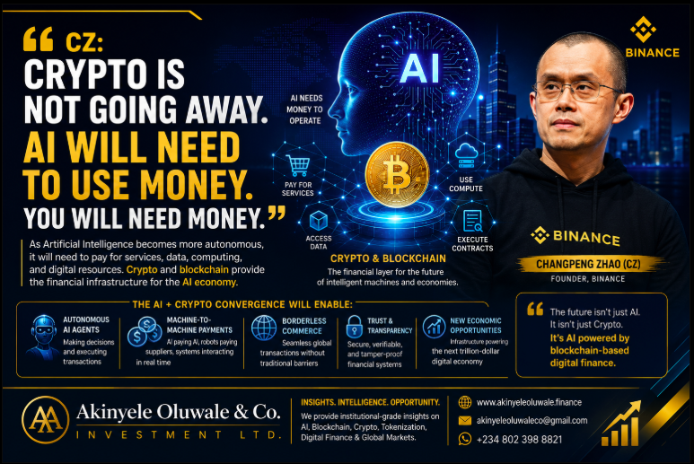 CryptosGist's tweet photo. 🚨 CZ just said something the market shouldn't ignore.

"Crypto is not going away. AI will need to use money. You will need money."

Think about it...

As AI becomes autonomous, it won't just answer questions.

It will:
🤖 Pay for compute
📊 Buy data
☁️ Access cloud services
🛒 Purchase digital resources
⚡ Execute smart contracts

AI needs a financial operating system.

Crypto and blockchain could become that infrastructure.

The future isn't just AI.
The future isn't just Crypto.

It's AI + Crypto.
🌐 Full analysis:
Follow @CryptosGist for daily Crypto, AI & Global Finance insights.

#AI #Crypto #Blockchain #Bitcoin #ArtificialIntelligence #CZ #Binance #DigitalAssets #FutureOfFinance #Web3