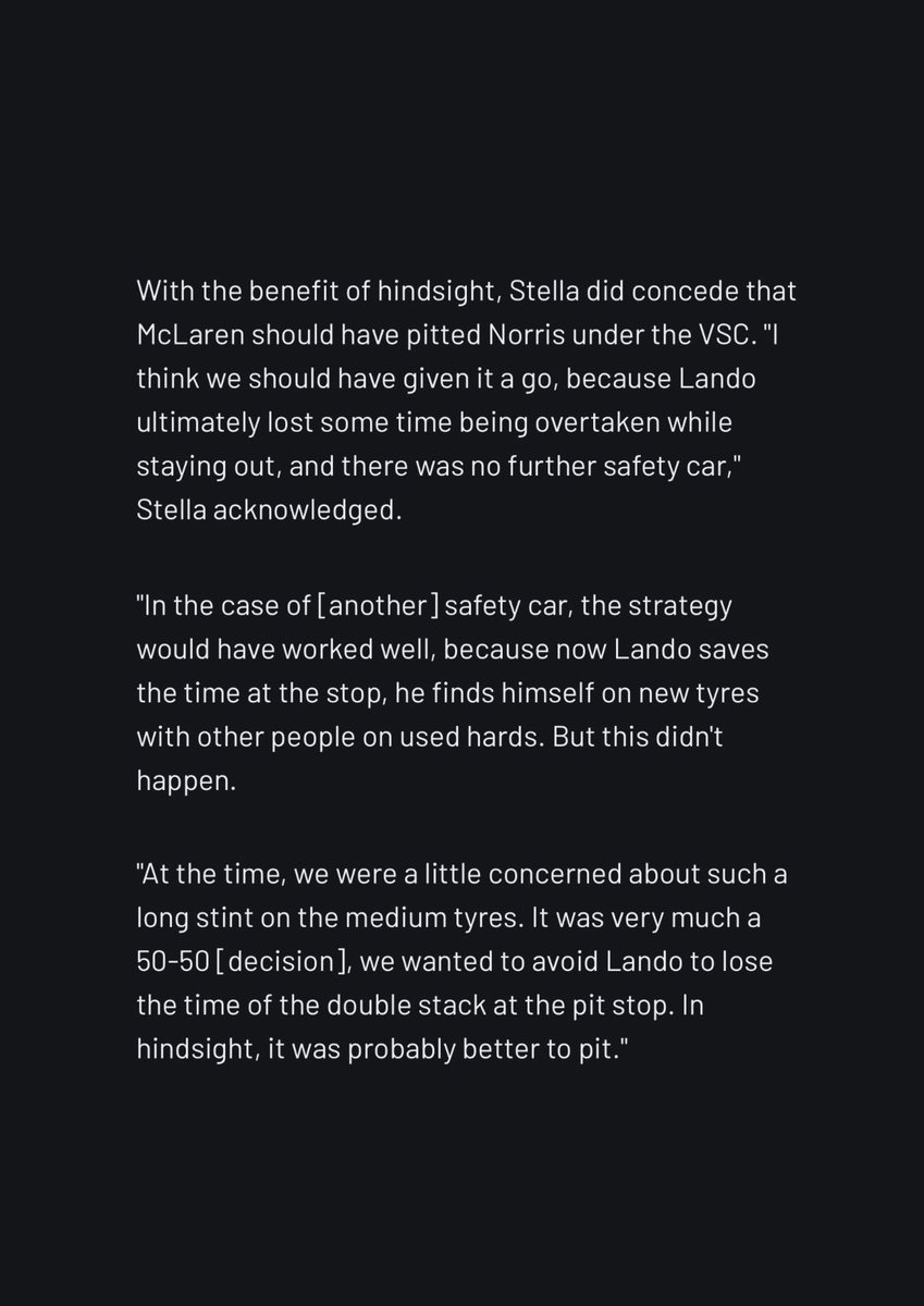 ln4norris's tweet photo. stella: "i think we should have given it a go because lando ultimately lost some time being overtaken while staying out.. it was very much a 50-50 [decision], we wanted to avoid lando losing the time of the double stack at the pitstop. in hindsight, it was probably better to pit" https://t.co/g9GJxWfShs