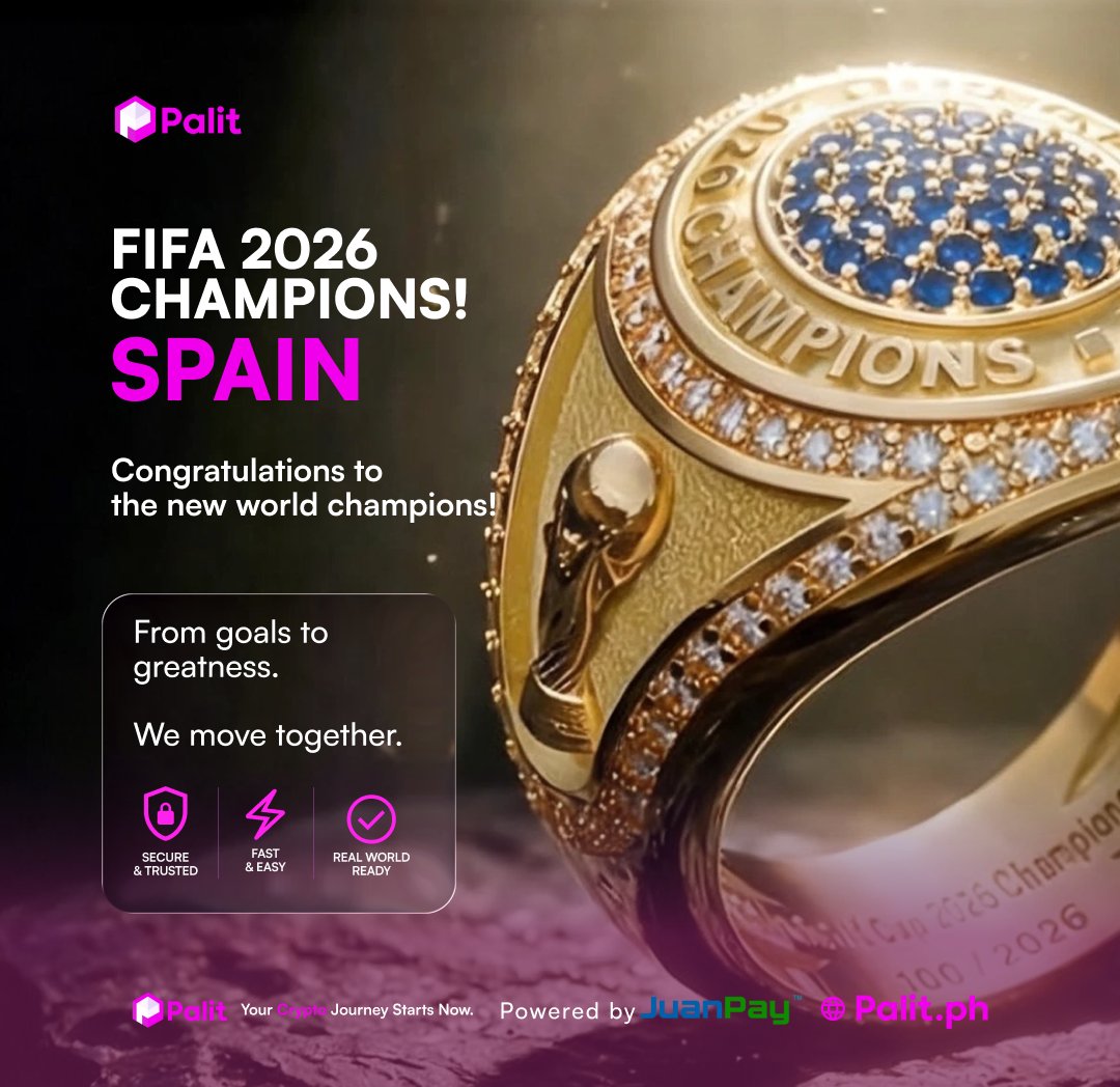 palitwallet's tweet photo. 𝗖𝗵𝗮𝗺𝗽𝗶𝗼𝗻𝘀 𝗼𝗳 𝘁𝗵𝗲 𝘄𝗼𝗿𝗹𝗱! 🏆
Congratulations to Spain on an incredible FIFA 2026 victory. A remarkable journey, unforgettable moments, and a well-deserved championship.
#FIFA2026 #SpainChampions #WorldChampions #Palit https://t.co/iBpJnFAWZF