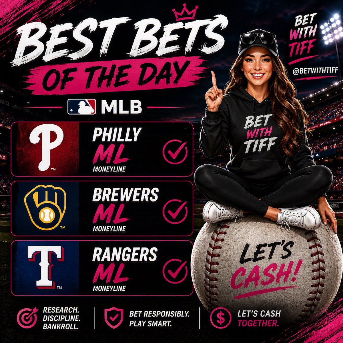Tracybetcly0's tweet photo. 🧢 MLB CARD TODAY

BEST BET Phillies ML — 2.5U
Dodgers @ Phillies

Brewers ML — 1.5U 
Mets @ Brewers

Rangers ML — 1U 
White Sox @ Rangers

Let’s Cash, baby!

https://t.co/ve4CVltbqB

#MLB #HomeRun #MLBPicks #SportsBetting #Baseball #Parlay #BettingX #MLBTwitter #GamblingTwitter https://t.co/MA5jLnS4kY