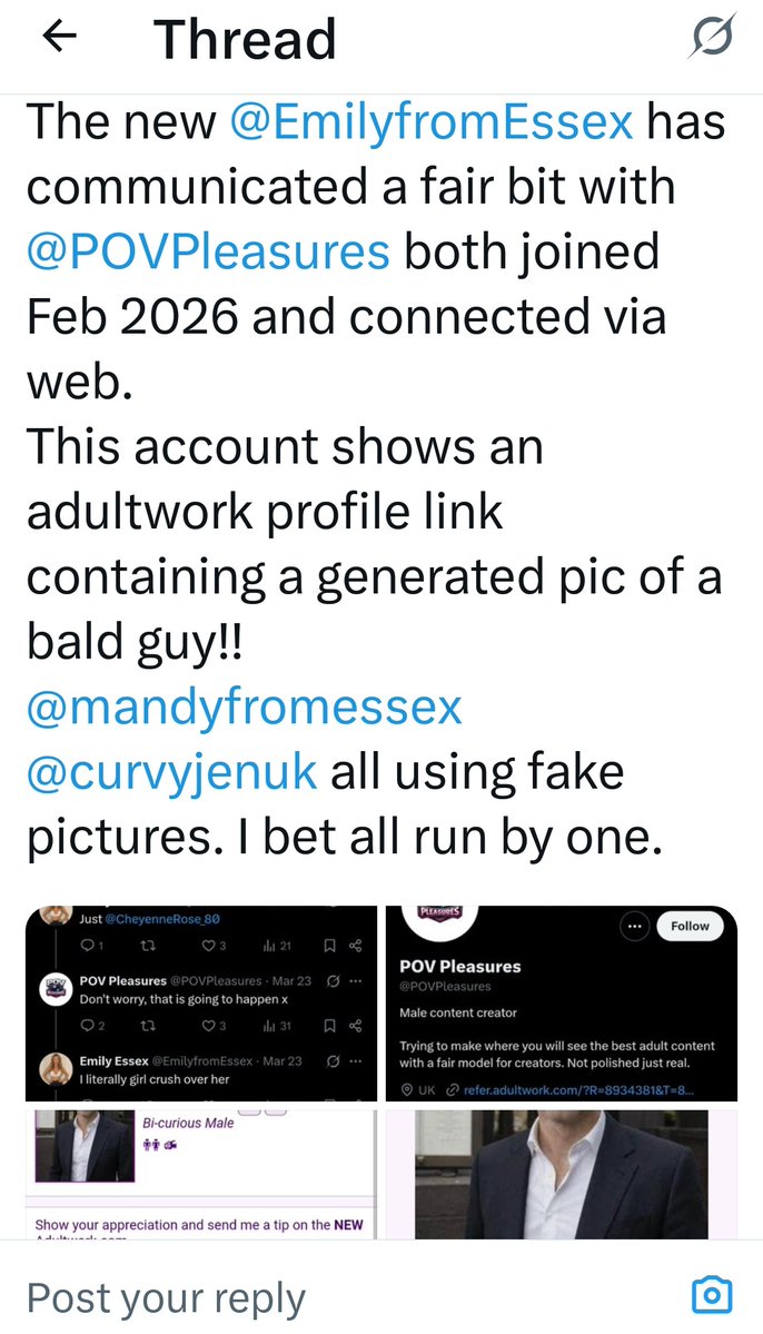 Scammer_Ghostfa's tweet photo. @POVPleasures @Lady_Dragon__ @Scammer_Joker @EmilyfromEssex @mandyfromessex @curvyjenuk Here are screenshots of the posts @POVPleasures 
I believe you used to run the account @dandontbother who used to communicate with the old @emilyfromessex account. 
The same ai generated character appears in Emilyfromessex Instagram account to the old account posts. https://t.co/15ev8Ycvz0