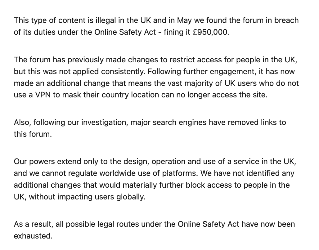 moo9000's tweet photo. After spending 480 days and UK taxpayers' money on it, Ofcom finds it cannot fine an American company GBP 950,000.

Ofcom gives up. https://t.co/V8DwkCURck