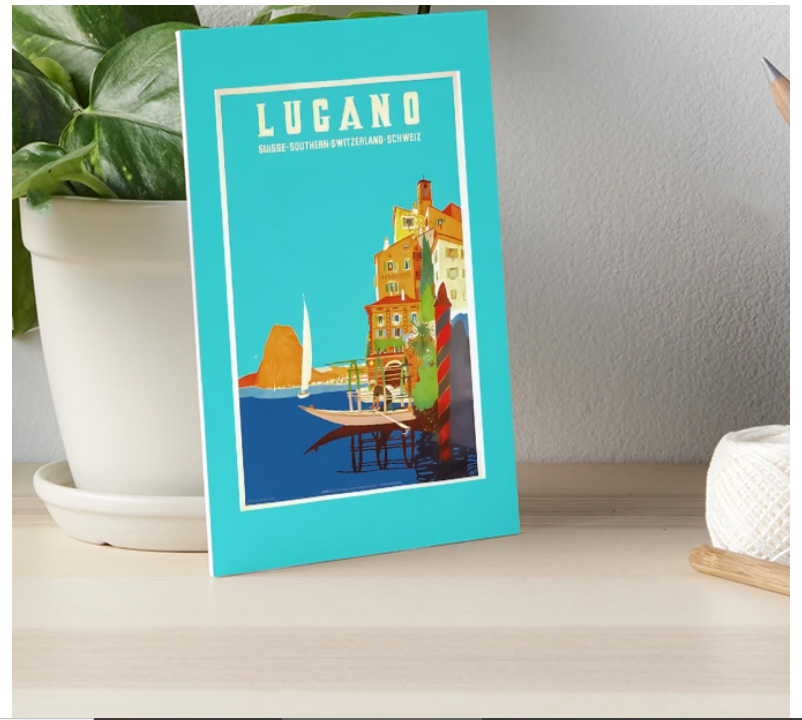HurmerintaArt's tweet photo. An old travel poster by Daniele Buzzi, created in the early 1950s to promote tourism to Lugano, the Italian-speaking city on Lake Lugano in Ticino. #vintage #lugano #artprint #smallboard #giftidea https://t.co/3JxSo98xoy https://t.co/04ETV9RGk3