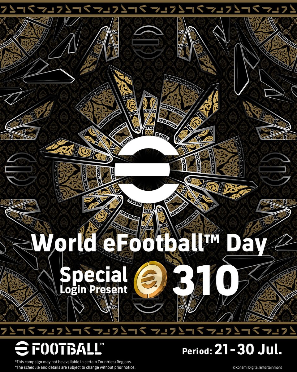 play_eFootball's tweet photo. Today is World eFootball™ Day!  

Today, the anniversary of the first title’s release, is World eFootball™ Day! 

As a token of our appreciation, log in during the campaign period to receive 310 eFootball™ Coins 🪙  

Also, look out for new announcements at eFootball™ CONNECT in World Festival on Sunday, July 26 👀   

#eFootball