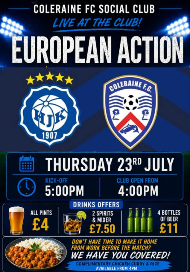 ColeraineFC's tweet photo. Not heading to Finland but want to watch Thursday night's game?

The Social Club will be screening all the action live and you're all welcome to join to cheer on the Bannsiders from afar.

There will be drink promotions and complimentary chicken curry and rice for those in attendance 📺 #COTB