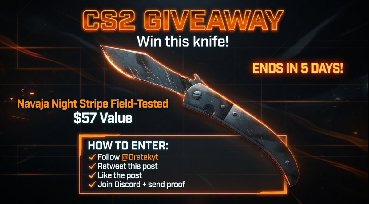 Destructum's tweet photo. 🗡️Sponsored By @Dratekyt 🗡️

👉56$ Navaja Night Stripe Field-tested knife

✅Follow @Dratekyt /Retweet/like
☑️Join discord (Show proof full page WITH username)
https://t.co/EhsIrpfkV7

⏰End in 5 Days
#CS2 #CS2GIVEAWAY https://t.co/m3E4yERnoC
