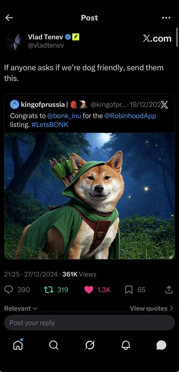 daku01_'s tweet photo. In simple terms :
@vladtenev interacted with a bonk in hood post for bonk listing on @RobinhoodApp
$BIH ,now launched on bonk robinhood platform. 100k mcap. Deserves multimillions.

0xde13c048c10f25fa165fafae7d269b82d2e64c3f https://t.co/GTw3Lo1KKa