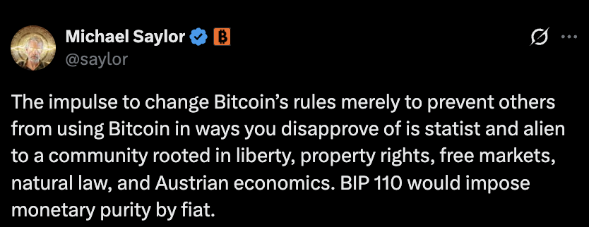 Cointelegraph's tweet photo. ⚡️ SAYLOR: "BIP 110 would impose monetary purity by fiat." https://t.co/zLSuf5Ps5v