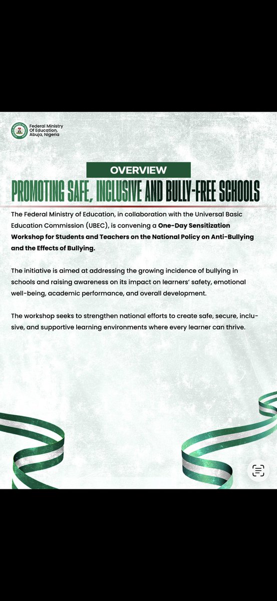 NigEducation's tweet photo. The Federal Ministry of Education, in collaboration with UBEC, is strengthening awareness of the National Policy on Anti-Bullying through a sensitization workshop aimed at promoting safe, inclusive, and supportive learning environments while empowering students and teachers to prevent and address bullying.

#AntiBullying #SafeSchools #EducationForAll #StudentWelfare #SchoolSafety #InclusiveEducation #FME #UBEC #QualityEducation #NigeriaEducation #StopBullying #LearnerProtection #EducationReform #SafeLearning #RenewedHopeEducation