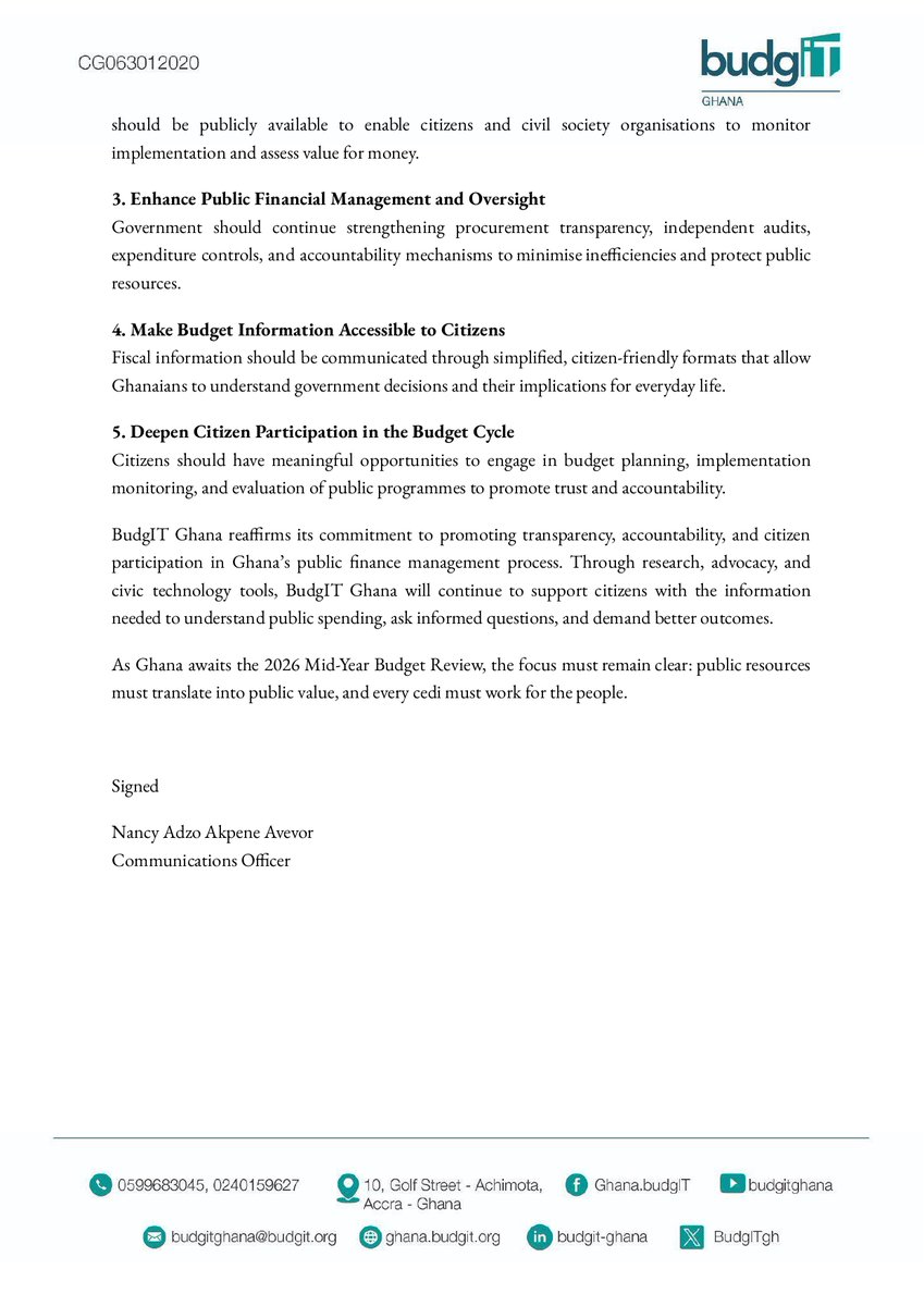 BudgITgh's tweet photo. PRESS RELEASE!🚨🚨
BudgIT Ghana Calls for Transparency, Accountability and Citizen-Centred Priorities Ahead of the 2026 Mid-Year Budget Review.✍️
#MidYearReview2026 #GetInformed #AskQuestions #Budget2026
@MoF_Ghana @Cassielforson @Channel1TVGHA @tv3_ghana @Graphicgh @bftghana @ghonetv @NorvanReports @AccraFM1005 @Citi973 @sikamantimes @WoezorTV @bullettvghana