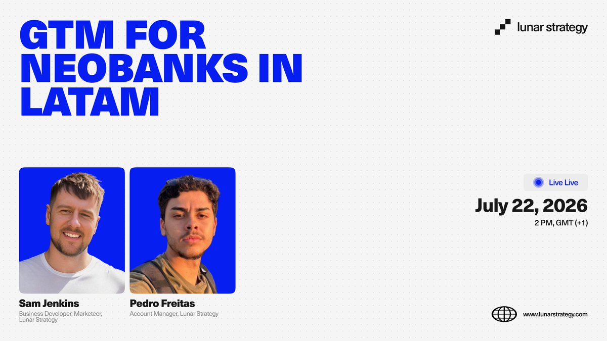 LunarStrategy's tweet photo. LATAM is the fastest-moving crypto neobank market in the world right now.

@sirsamjenks and @_thatsthepeter are going live tomorrow with a ground-level breakdown of what GTM actually looks like across Brazil, Mexico, Argentina, and Colombia.

Lunar Live · July 22 · 2:00 PM GMT+1 · Free to join.